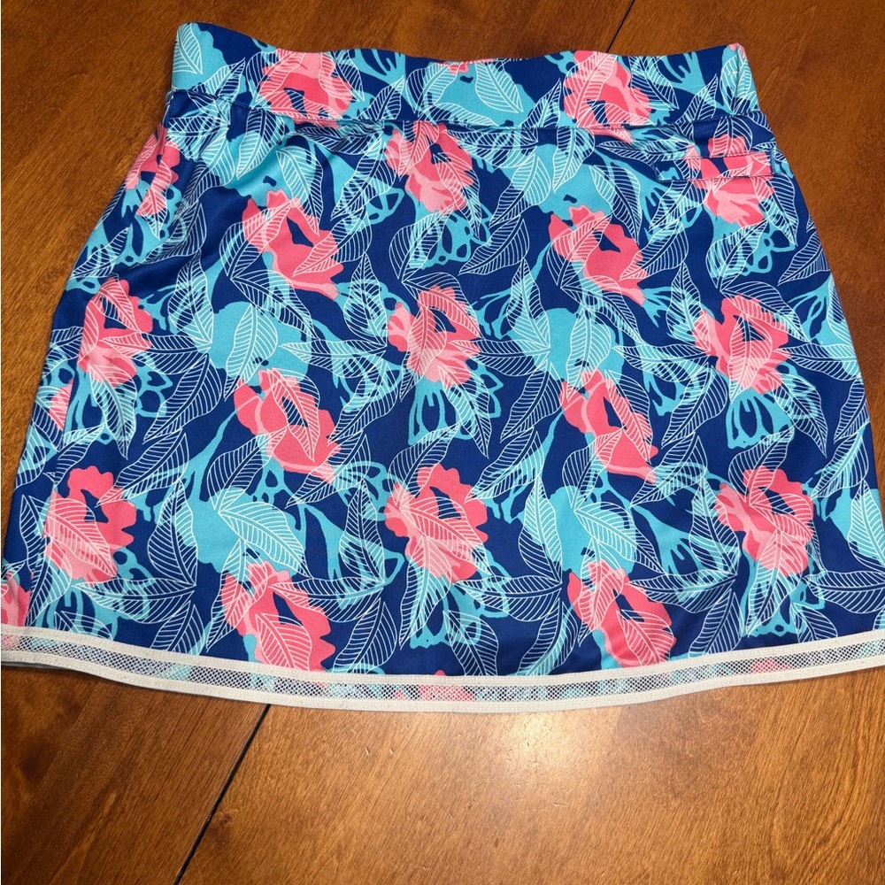 Pebble Beach Medium Navy Floral Mini Skort with Coral & Aqua Blooms